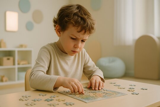 Child with autism engaging in deep focus on a puzzle, surrounded by calming colors and sensory-friendly environment. Generative AI