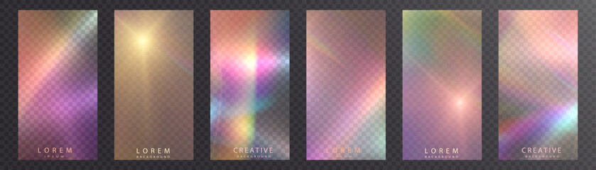 Rainbow light rays, lens flare, reflection effect from crystal, glass or gem. Vector realistic illustration set of light leak effect with spectrum glare, prism refraction, lens flare	