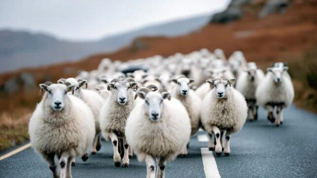 Dense group of white woolly sheep stroll directly toward camera on wet asphalt road flanked by rusty grasses and rocky slopes under grey sky.