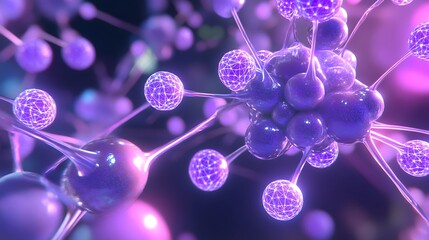 A network of interconnected, glowing spheres in shades of purple and violet.