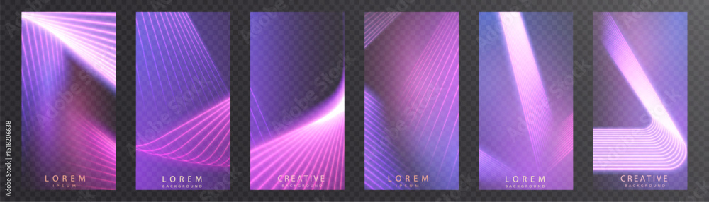 Poster Set of colorful pink and purple backgrounds. Curved rays of light create a sense of movement and depth. Vector