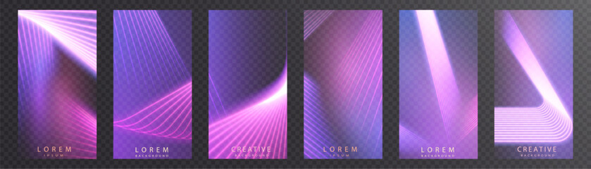 Set of colorful pink and purple backgrounds. Curved rays of light create a sense of movement and depth. Vector