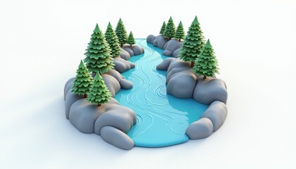Miniature wilderness scene with winding river, rocks, and coniferous trees