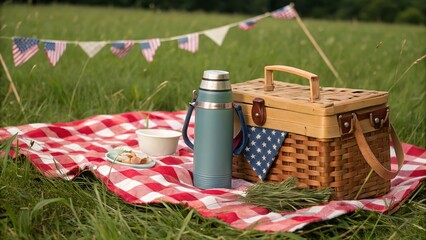 A delightful picnic setup in a vibrant green field, decorated with American flag bunting.