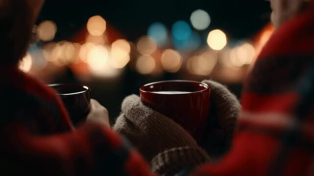 Two people hold steaming cups in cozy mittens, enjoying the ambience of a winter market illuminated by beautiful lights. The festive atmosphere enhances their joyful experience