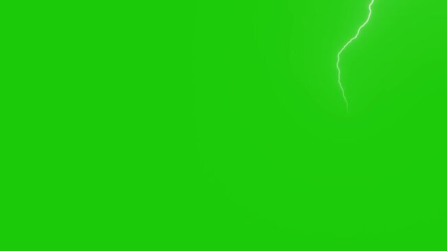 Thunderstorm motion graphic effects on green screen. Lightning strike animation with alpha channel. Electric bolt flash, storm energy visual effect overlay for video editing.