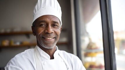 Smiling chef in uniform exudes warmth and professionalism, embodying culinary passion and expertise.
