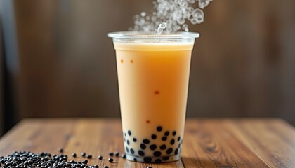 Aromatic bubble tea with tapioca pearls, enhanced with steam and rich textures