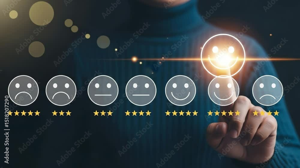 Aufkleber a person selecting a glowing smiley face on a customer satisfaction rating scale with stars below