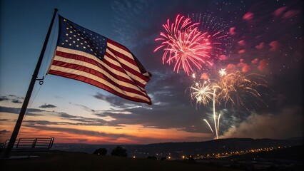 American flag waves as fireworks light up the sky during the 4th of July celebration.