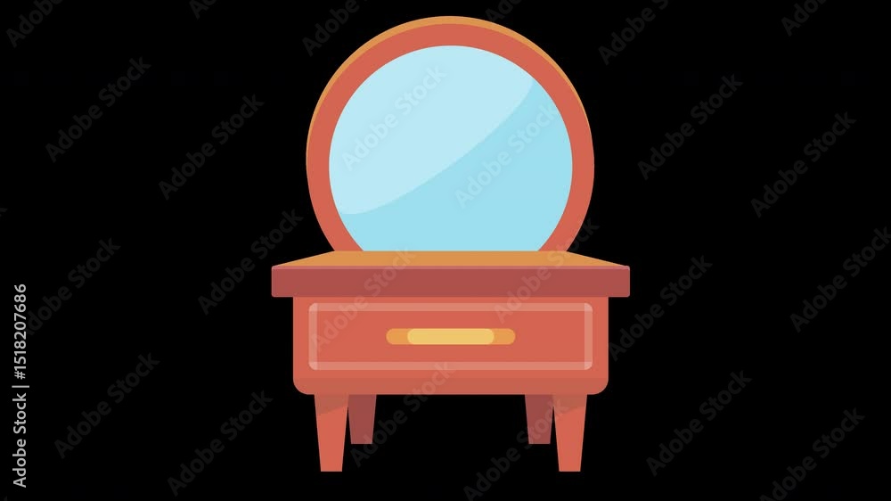 Poster isolated animated vanity table with oval mirror, personal care and make-up desk on a transparent bac