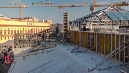 Steel bar rebar metal framework reinforcement for concrete at construction site timelapse.