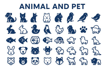 Fototapeta premium animal and pet icon set featuring diverse animal illustrations for pets and wildlife like dogs, cats, birds, fish, and others, icon set