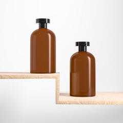 small amber glass cosmetic bottle mockup, brown plastic bottle with black flat flip cap packaging, small liquid skincare and cosmetic squeeze bottle packaging, cylindrical tube packaging mockup