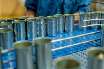 Cans are lined up on conveyor belt in fish processing industry, showcasing meticulous work involved...