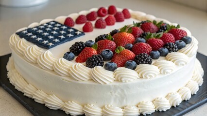 A beautifully decorated cake featuring an American flag design, topped with fresh berries.