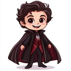 Cute Cartoon Character in Vampire Costume with Cape and Smile