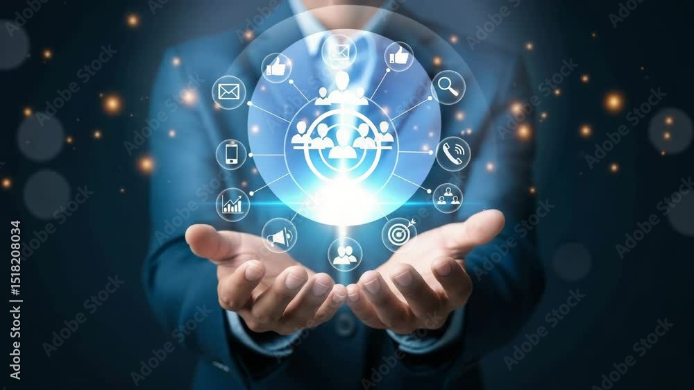 Poster a person holding a digital network with icons in their hands against a dark background with bokeh li