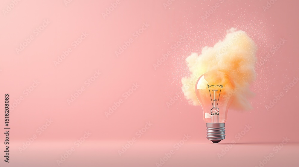 Poster a glowing incandescent lightbulb emitting a soft ethereal aura against a pastel pink gradient backdr