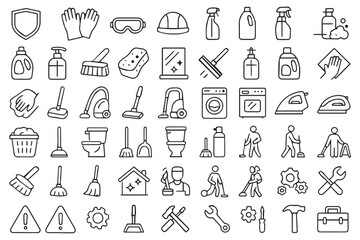 household cleaning and maintenance tools icon set, featuring mop, vacuum, bucket, gloves, soap, and more, icon set