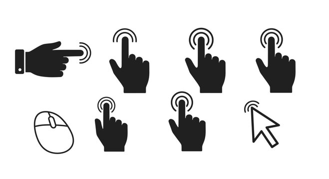 Various hand cursor icons pointing and touching isolated on white background