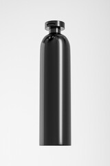 black cosmetic bottle mockup, tall liquid skincare and personal care packaging, black plastic cylindrical water bottle packaging, beauty product tube packaging, black flip top cap squeeze bottle