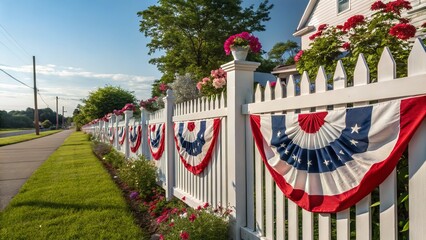 An ornate white picket fence adorned with festive patriotic bunting and lovely flowers.
