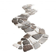 Winding path made of stone tiles creates tranquil and modern design feature, perfect for enhancing outdoor spaces and gardens. unique arrangement adds character and charm