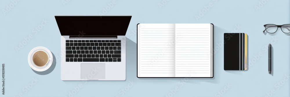 Poster Minimalist Tech Desk Setup With Open Blank Notebook and Coffee Cup for Creative Workspace Organization and Productivity Enhancement