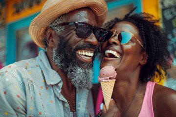 Portrait of a grinning afro-american couple in their 40s eating ice cream