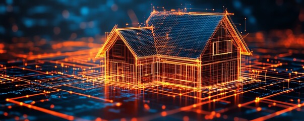 Obraz premium Digital rendering of a futuristic smart home, glowing lines forming a house structure.