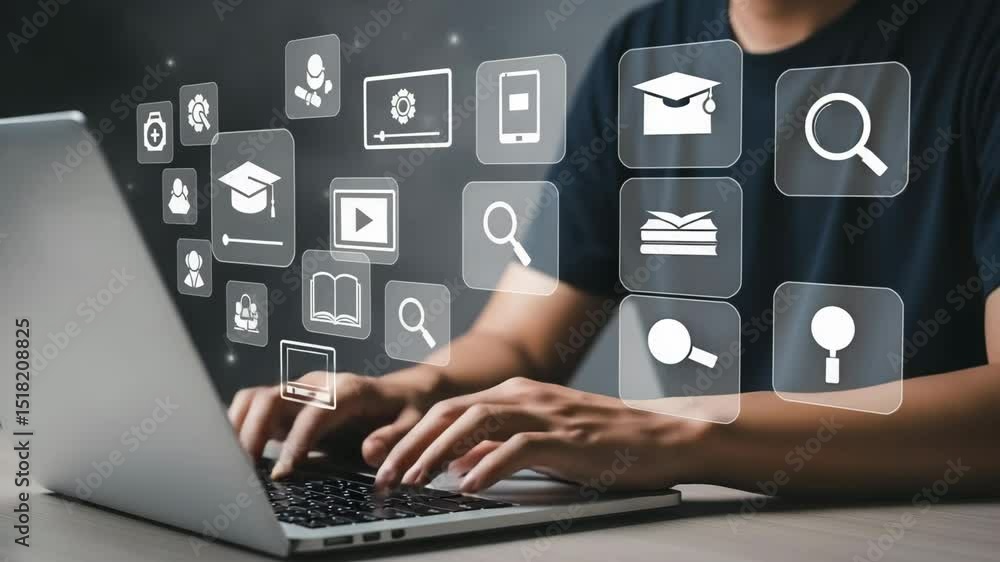 Poster person using laptop with education and technology icons floating above the keyboard in the dark room