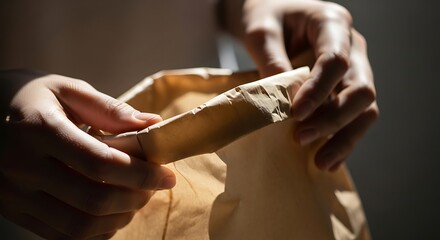 Obraz premium Close-up of Hands Carefully Opening a Brown Paper Bag