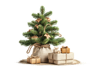 PNG Decorated mini christmas tree with sacks and gifts on burlap mat