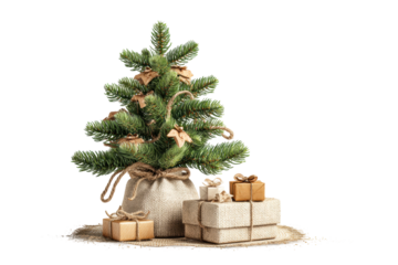 PNG Decorated mini christmas tree with sacks and gifts on burlap mat