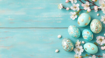 Obraz premium Easter eggs adorned with cherry blossoms on a blue backdrop