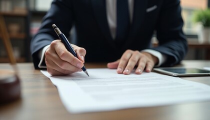 Formally dressed man signs legal document at office workspace confidently