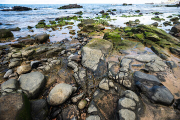 Wet rocks and stones on the edge of a beach. Preserved environment.