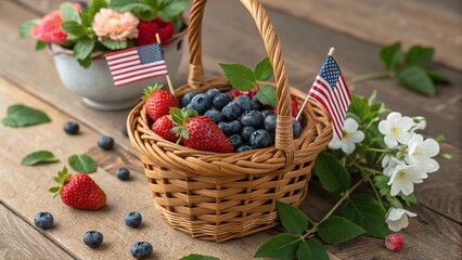 A woven basket overflows with blueberries and strawberries, accented by American flags and flowers.
