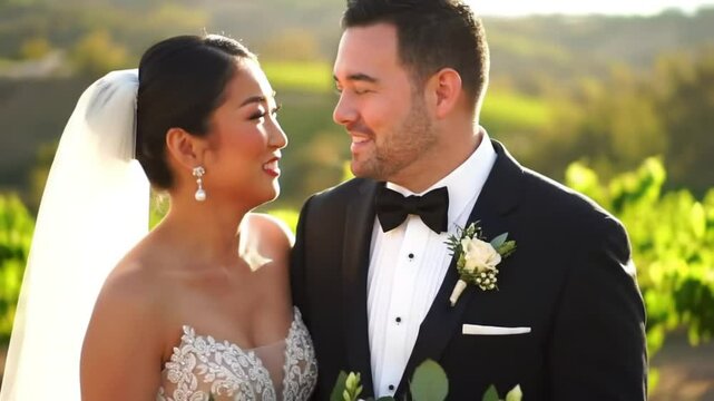 Happy couple vineyard wedding golden hour