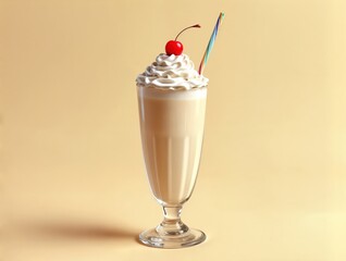 Retro-style milkshake in tall glass with striped straw and creamy topping