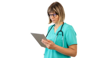Doctor using digital tablet with transparent background