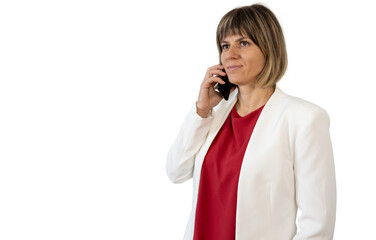Businesswoman talking on smartphone with transparent background