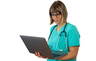 Doctor using laptop with transparent background: smiling female medical professional working on computer