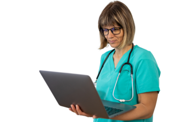 Doctor using laptop with transparent background: smiling female medical professional working on computer