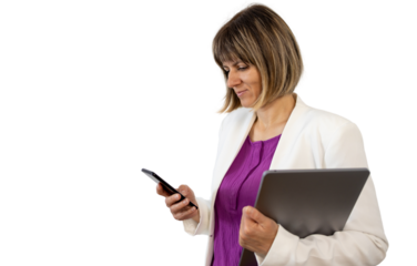 Businesswoman using smartphone and holding tablet with transparent background