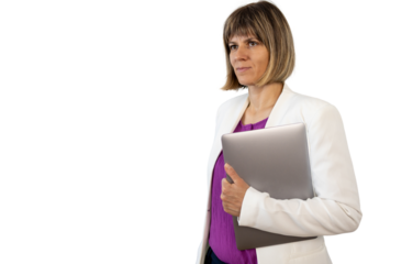 Businesswoman holding laptop and looking away on transparent background