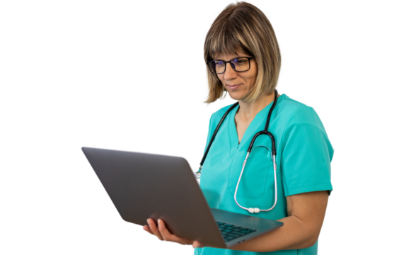Doctor using laptop with transparent background: smiling female medical professional working on computer