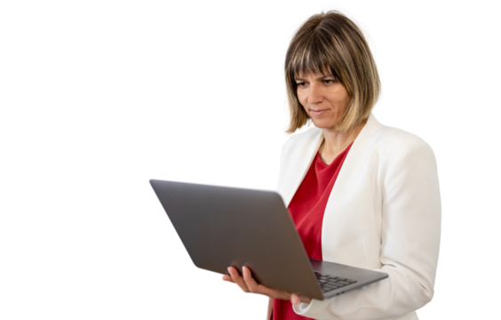 Businesswoman holding laptop and reading with transparent background - Powered by Adobe