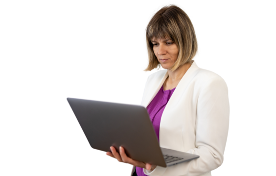 Businesswoman holding laptop and reading on transparent background